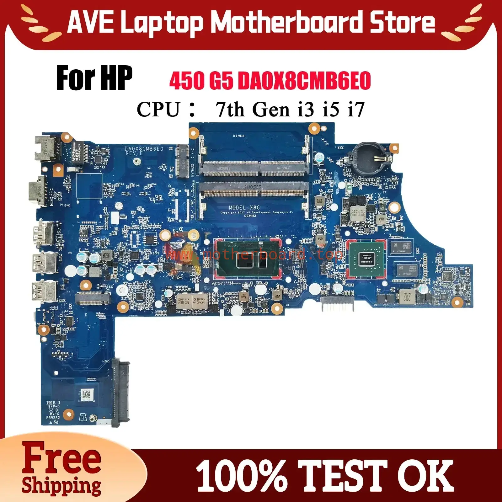 DA0X8CMB6E0 For HP ProBook 450 G5 470 G5 Motherboard L00828-601 i3 i5 i7 CPU V2G