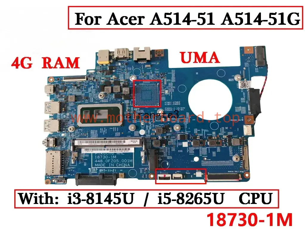 18730-1M For Acer A514-51 A514-51G Motherboard With I3-8145U I5-8265U CPU 4G RAM
