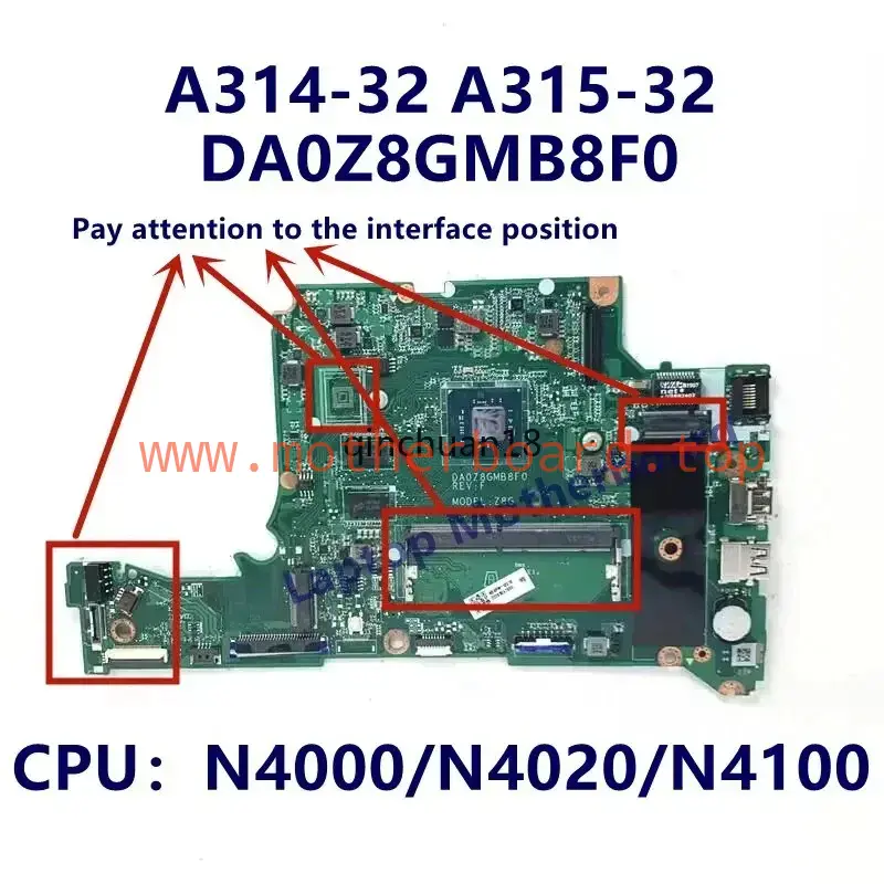 DA0Z8GMB8F0 For Acer A314-32 A315-32 Motherboard N4000/N4020/N4100 CPU 4GB RAM