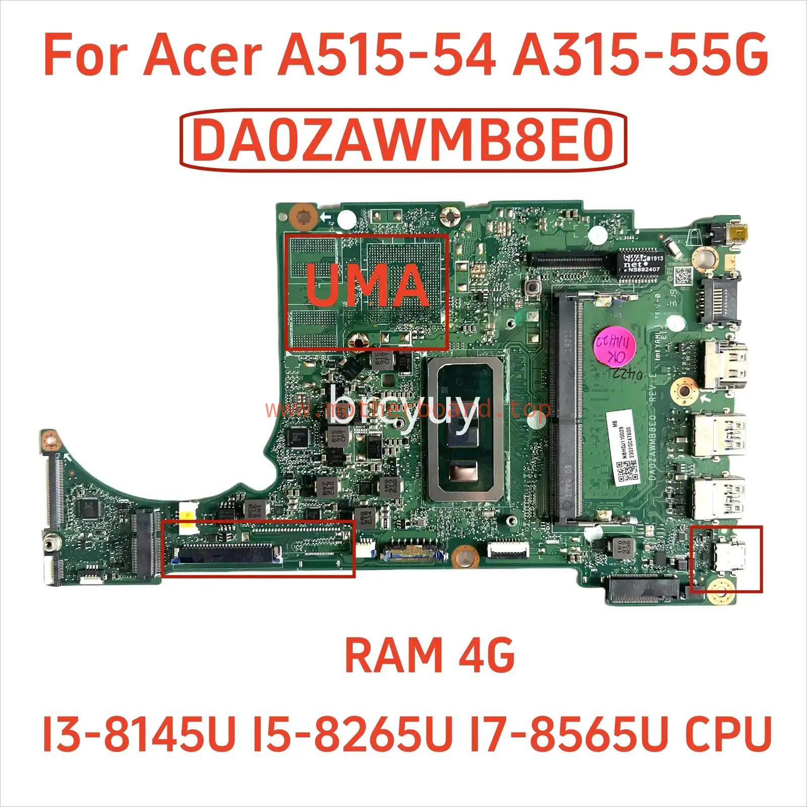 DA0ZAWMB8G0 For ACER A515-54 A315-55G Motherboard W/ I3 I5 I7-8TH CPU 4G RAM UMA
