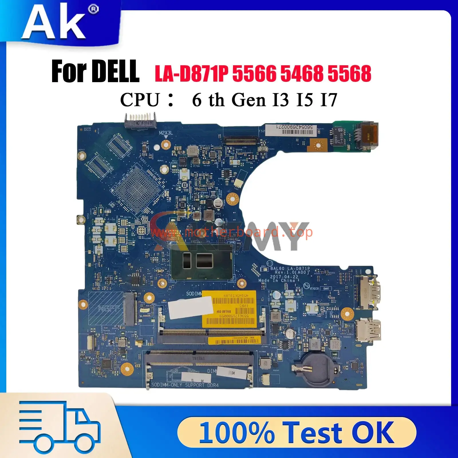 Laptop Motherboard For DELL Inspiron 5566 5468 5568 BAL60 LA-D871P with i3 i5 i7
