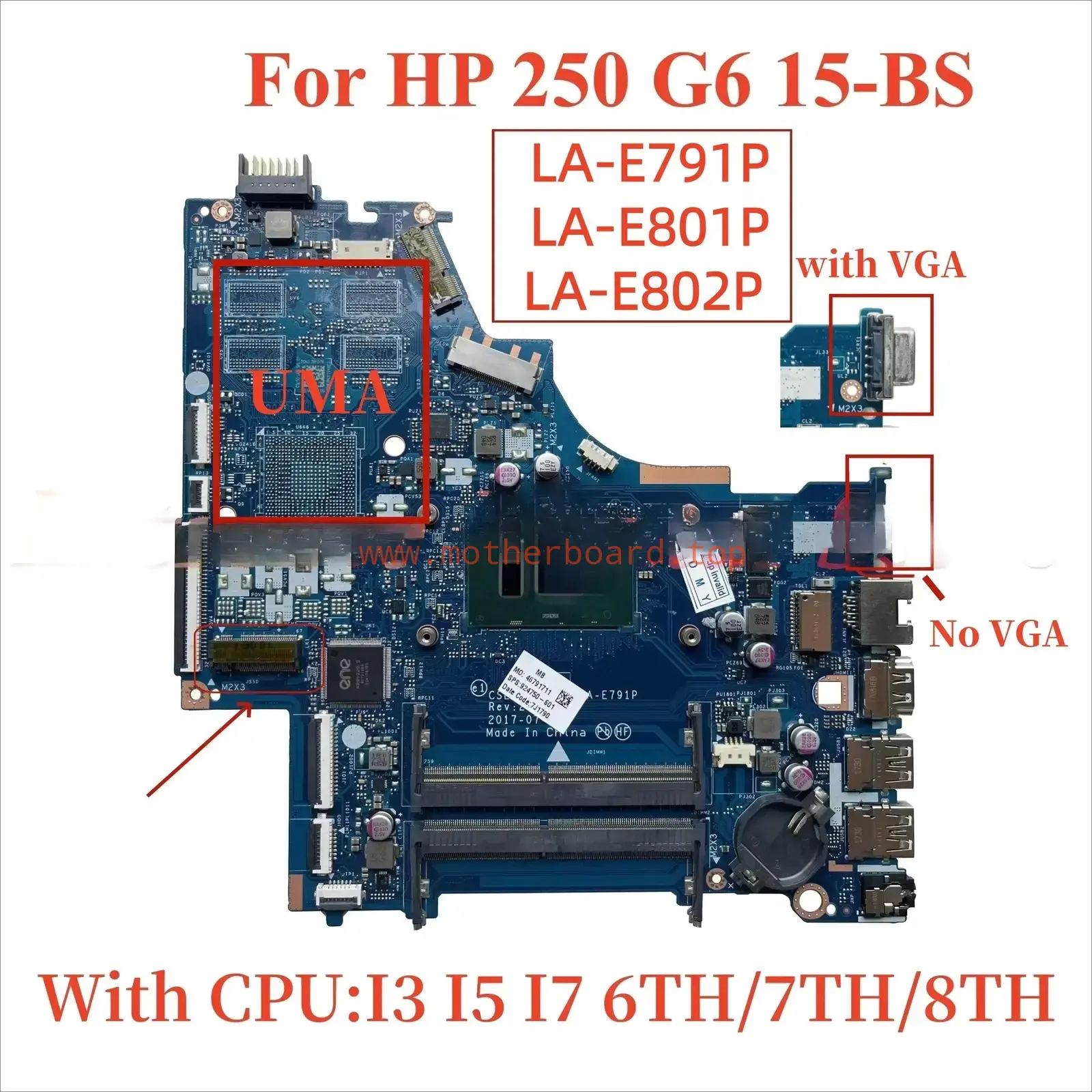 LA-E791P LA-E801P For HP 250 G6 15-BS Laptop motherboard I3I5I7 6TH/7TH/8TH UMA