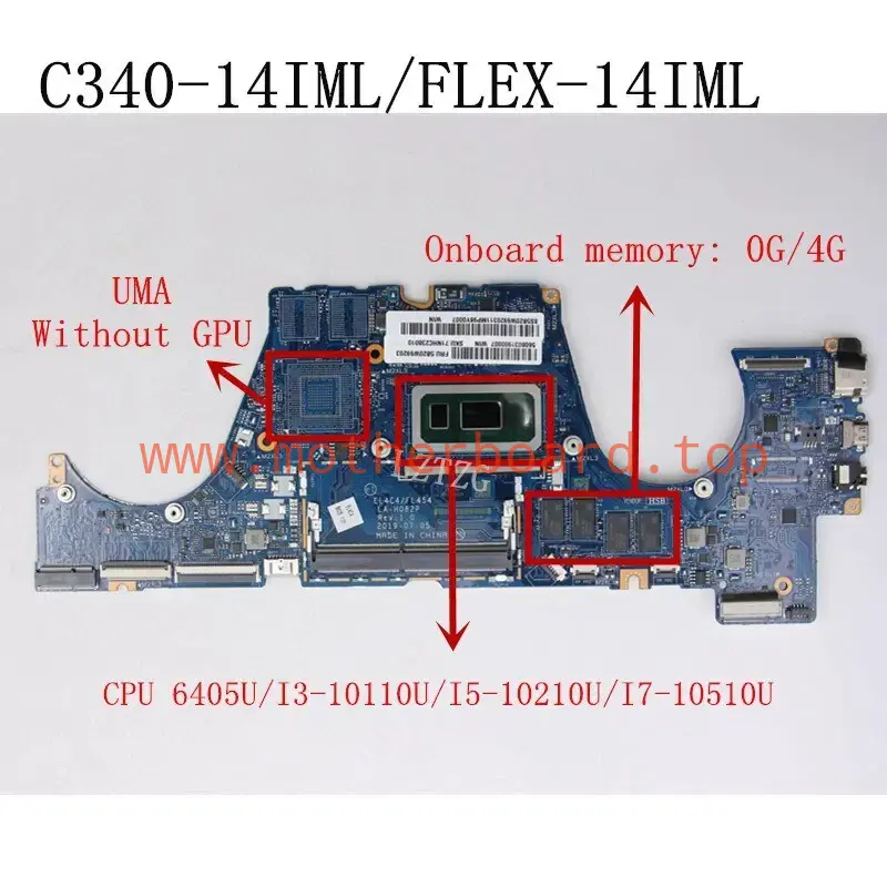 LA-H082P For Lenovo C340-14IML/FLEX-14IML Motherboard CPU 6405U i3/i5/i7 0G/4GB