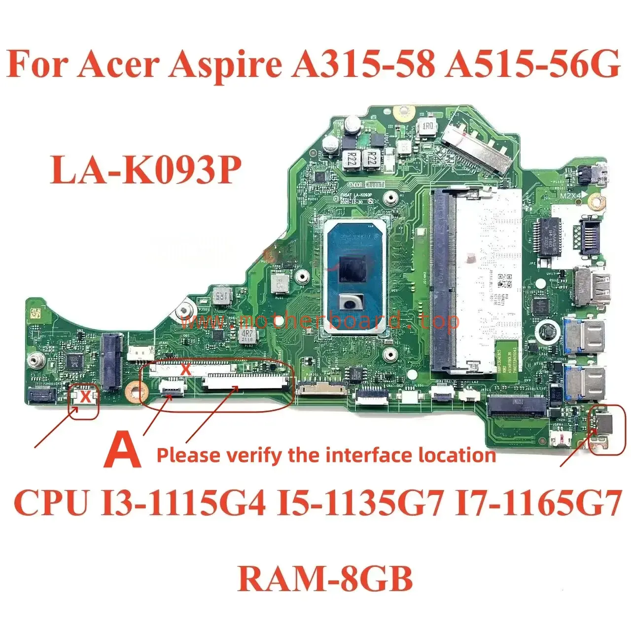 LA-K091P For Acer A315-58 A515-56G Laptop motherboard with I3-1115G4 RAM-4G/8GB