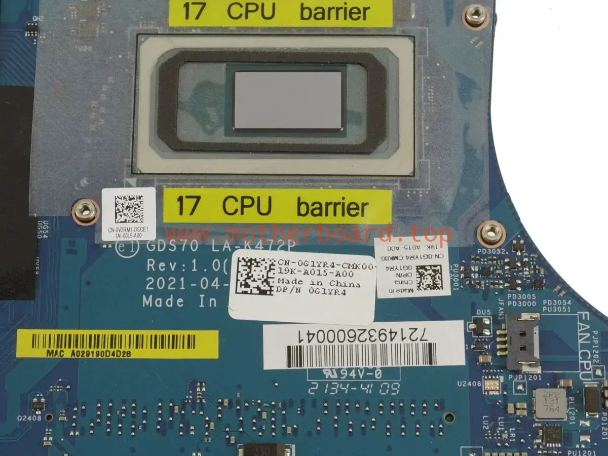 For Dell Alienware x17 R1 Motherboard LA-K472P G1YR4 W/ i7-11800H CPU RTX3060 4