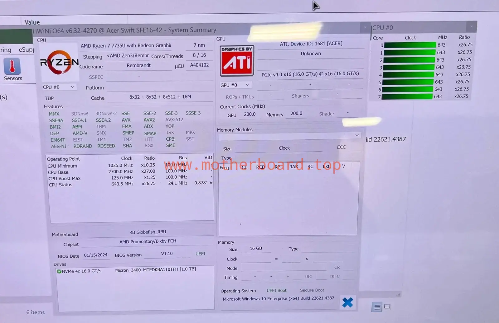 Acer Swift Edge SFE16-42 AMD Ryzen 7 7735U 16GB Motherboard LA-M242P NBKH311002 4